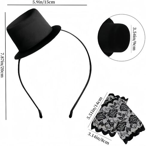 Mini Cowboy Top Hat Headband with Black Lace Gloves,Stylish Costume Accessory for Parties Weddings and Cosplay, Men and Women Black Top Hat Hairband Accessories in Saudi Arabia