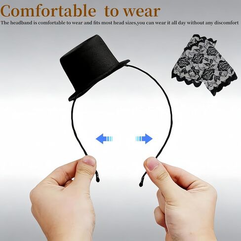 Mini Cowboy Top Hat Headband with Black Lace Gloves,Stylish Costume Accessory for Parties Weddings and Cosplay, Men and Women Black Top Hat Hairband Accessories in Saudi Arabia