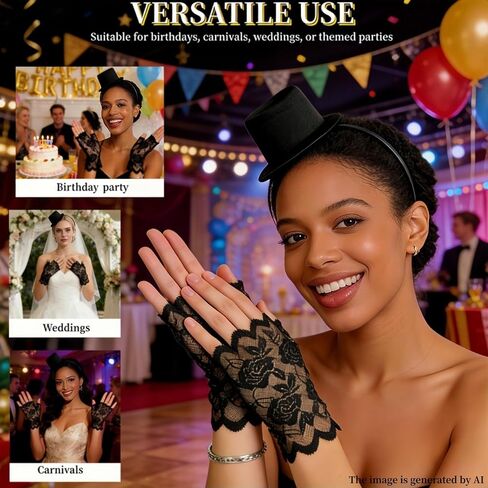 Mini Cowboy Top Hat Headband with Black Lace Gloves,Stylish Costume Accessory for Parties Weddings and Cosplay, Men and Women Black Top Hat Hairband Accessories in Saudi Arabia