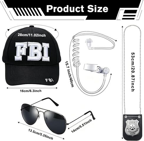 12 Pcs FBI Cosplay Costume, Cop Costume Accessories Kit with Adjustable Baseball Cap, Cop Badge Sunglasses Earpiece Police Set for Men Women Cosplay Party Black in Saudi Arabia