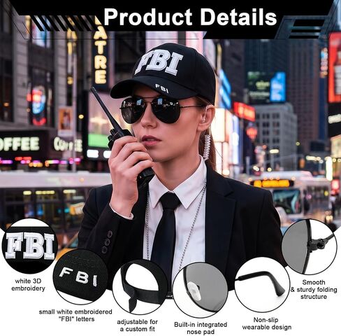 12 Pcs FBI Cosplay Costume, Cop Costume Accessories Kit with Adjustable Baseball Cap, Cop Badge Sunglasses Earpiece Police Set for Men Women Cosplay Party Black in Saudi Arabia