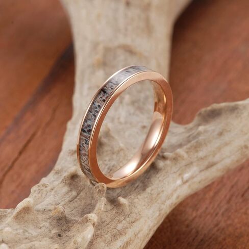 Women's 3mm Rose Gold Titanium Ring with Real Antler Inlaid Wedding Bands in Saudi Arabia