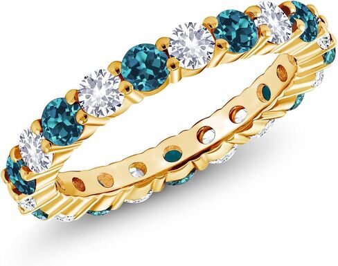 Gem Stone King 18K Yellow Gold Plated Silver Round London Blue Topaz and White Created Sapphire Eternity Band Ring For Women | 1.30 قيراط | جوهرة الميلاد الأحجار الكريمة | مقاس 5، 6، 7، 8، 9 in Kuwait