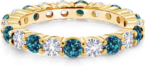 Gem Stone King 18K Yellow Gold Plated Silver Round London Blue Topaz and White Created Sapphire Eternity Band Ring For Women | 1.30 قيراط | جوهرة الميلاد الأحجار الكريمة | مقاس 5، 6، 7، 8، 9 in Kuwait