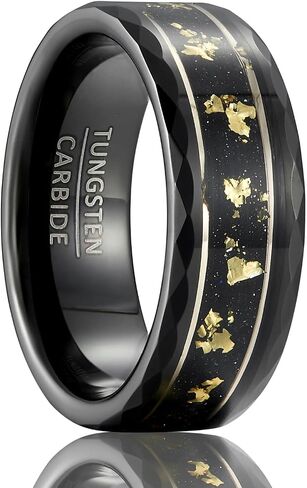 8mm Tungsten Wedding Band, Gallery Inlay with Gold Leaf on Sand Texture, Geometric Cut Sides in Saudi Arabia