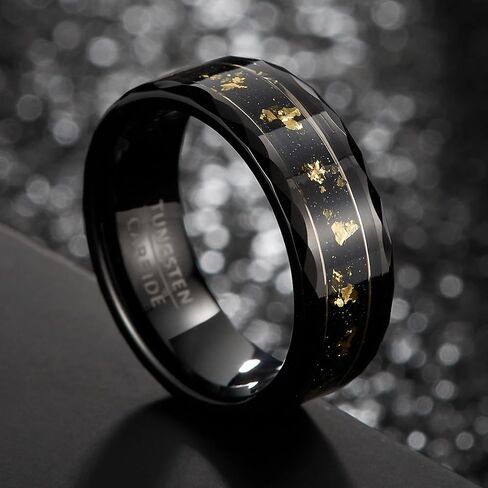 8mm Tungsten Wedding Band, Gallery Inlay with Gold Leaf on Sand Texture, Geometric Cut Sides in Saudi Arabia