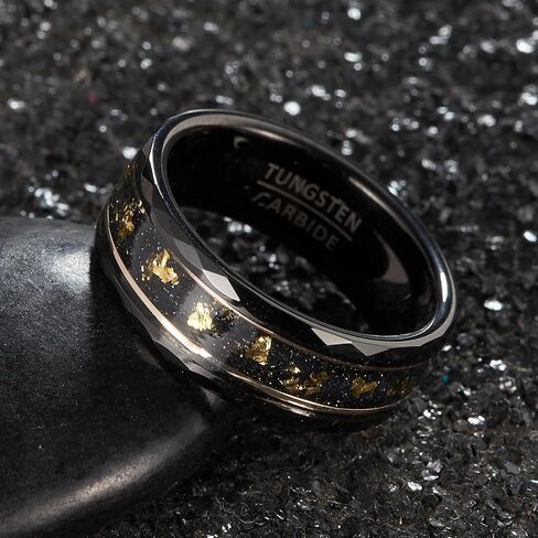 8mm Tungsten Wedding Band, Gallery Inlay with Gold Leaf on Sand Texture, Geometric Cut Sides in Saudi Arabia