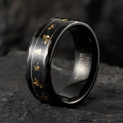 8mm Tungsten Wedding Band, Gallery Inlay with Gold Leaf on Sand Texture, Geometric Cut Sides in Saudi Arabia
