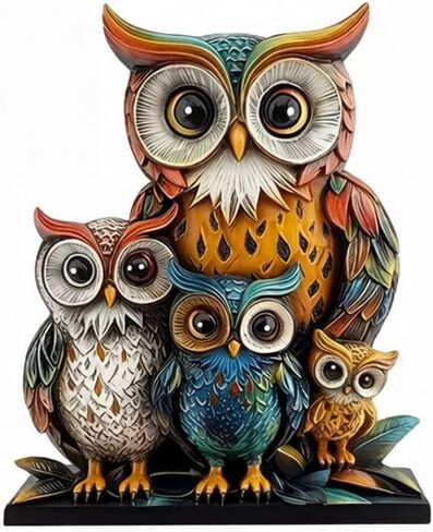 Colorful Acrylic Owl Family Desktop Decor - 20cm Tall 2D Owl Family Art with Oval Base, Modern Minimalist Animal Figurine for Office Desk, Shelf, Home Decoration in Saudi Arabia