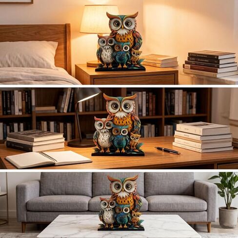 Colorful Acrylic Owl Family Desktop Decor - 20cm Tall 2D Owl Family Art with Oval Base, Modern Minimalist Animal Figurine for Office Desk, Shelf, Home Decoration in Saudi Arabia