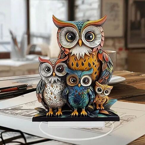 Colorful Acrylic Owl Family Desktop Decor - 20cm Tall 2D Owl Family Art with Oval Base, Modern Minimalist Animal Figurine for Office Desk, Shelf, Home Decoration in Saudi Arabia