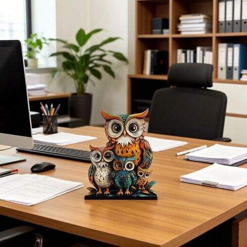 Colorful Acrylic Owl Family Desktop Decor - 20cm Tall 2D Owl Family Art with Oval Base, Modern Minimalist Animal Figurine for Office Desk, Shelf, Home Decoration in Saudi Arabia