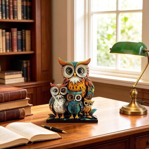 Colorful Acrylic Owl Family Desktop Decor - 20cm Tall 2D Owl Family Art with Oval Base, Modern Minimalist Animal Figurine for Office Desk, Shelf, Home Decoration in Saudi Arabia