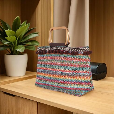 FRCOLOR Large-Capacity Straw Tote Bag Lightweight Woven Handbag for Casual Outings Beach Travel Polyester and Straw Design in Kuwait