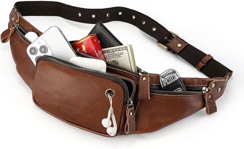 Genuine Leather Mens Waist Bag Multifunction Fashion Outdoor Sports Travel Cell Phone Credit Cards Belt Bag BROWN (BROWN) in Saudi Arabia