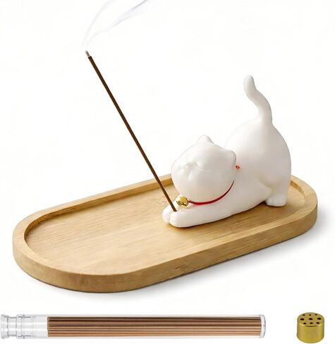 Cute Ceramic Cat Incense Holder Set with Bamboo Ash Tray and Sticks, Handmade Cat Incense Burner Incense Holder for Sticks for Yoga Spa Meditation Massage Home Office Desk Decor Zen Space Gifts in Saudi Arabia