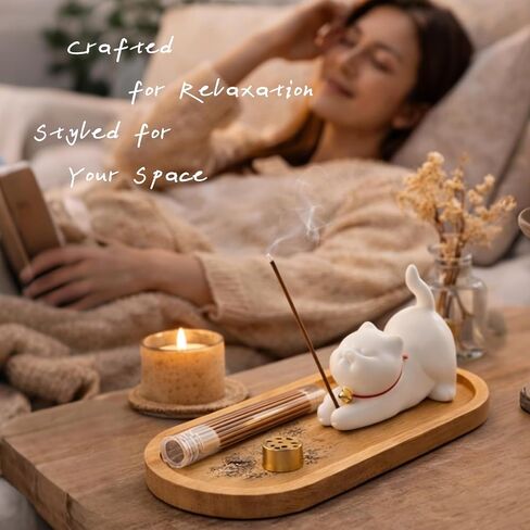 Cute Ceramic Cat Incense Holder Set with Bamboo Ash Tray and Sticks, Handmade Cat Incense Burner Incense Holder for Sticks for Yoga Spa Meditation Massage Home Office Desk Decor Zen Space Gifts in Saudi Arabia