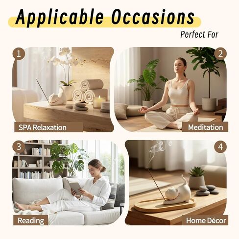 Cute Ceramic Cat Incense Holder Set with Bamboo Ash Tray and Sticks, Handmade Cat Incense Burner Incense Holder for Sticks for Yoga Spa Meditation Massage Home Office Desk Decor Zen Space Gifts in Saudi Arabia