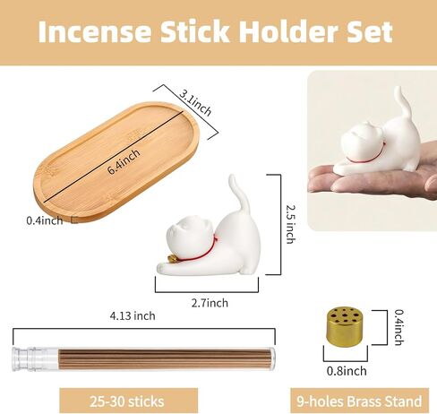Cute Ceramic Cat Incense Holder Set with Bamboo Ash Tray and Sticks, Handmade Cat Incense Burner Incense Holder for Sticks for Yoga Spa Meditation Massage Home Office Desk Decor Zen Space Gifts in Saudi Arabia