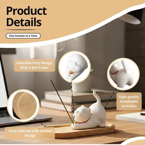 Cute Ceramic Cat Incense Holder Set with Bamboo Ash Tray and Sticks, Handmade Cat Incense Burner Incense Holder for Sticks for Yoga Spa Meditation Massage Home Office Desk Decor Zen Space Gifts in Saudi Arabia