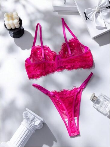 GORGLITTER Women's Sexy 2 Piece Lingerie Set Eyelash Lace Trim Sheer Mesh Balconette Bra with Thong Panties Sets in Kuwait
