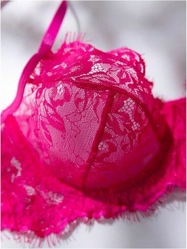 GORGLITTER Women's Sexy 2 Piece Lingerie Set Eyelash Lace Trim Sheer Mesh Balconette Bra with Thong Panties Sets in Kuwait