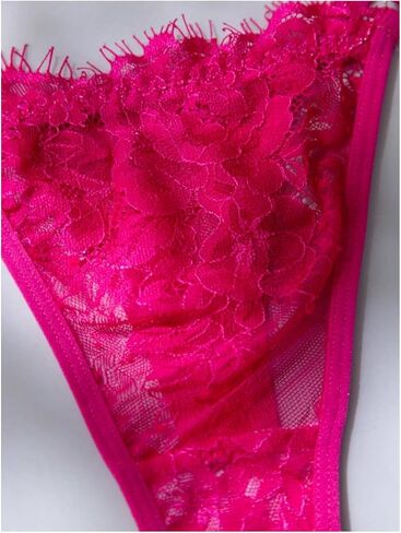 GORGLITTER Women's Sexy 2 Piece Lingerie Set Eyelash Lace Trim Sheer Mesh Balconette Bra with Thong Panties Sets in Kuwait