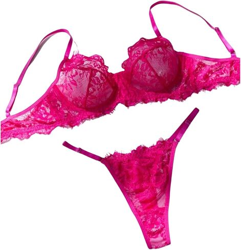 GORGLITTER Women's Sexy 2 Piece Lingerie Set Eyelash Lace Trim Sheer Mesh Balconette Bra with Thong Panties Sets in Kuwait