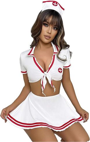 Women's 2 Piece Nurse Lingerie Set, Sexy Nurse Roleplay Costume White Tie Front Crop Top and Mini Pleated Skirt in Saudi Arabia