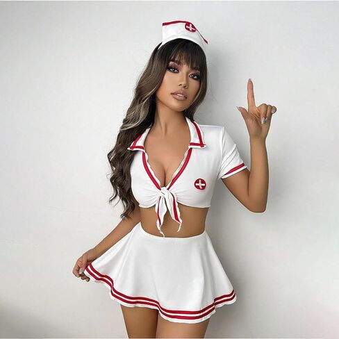 Women's 2 Piece Nurse Lingerie Set, Sexy Nurse Roleplay Costume White Tie Front Crop Top and Mini Pleated Skirt in Saudi Arabia