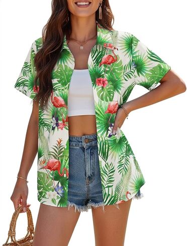 YOGINGO Hawaiian Top للنساء، قميص Aloha Beach بأكمام قصيرة استوائي، بلوزة كاجوال للعطلات بأزرار سفلية in Kuwait