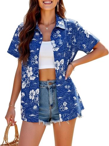 YOGINGO Hawaiian Top للنساء، قميص Aloha Beach بأكمام قصيرة استوائي، بلوزة كاجوال للعطلات بأزرار سفلية in Kuwait