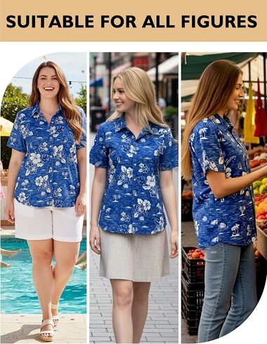 YOGINGO Hawaiian Top للنساء، قميص Aloha Beach بأكمام قصيرة استوائي، بلوزة كاجوال للعطلات بأزرار سفلية in Kuwait