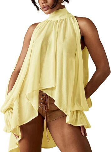 Verdusa Women's Chiffon Blouse Flowy Asymmetrical Sheer Halter Top Split Bishop Sleeve Gauze Shirt in Kuwait