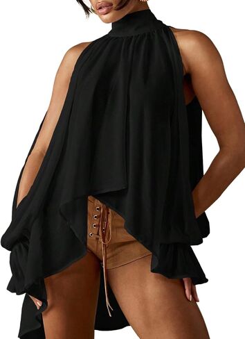 Verdusa Women's Chiffon Blouse Flowy Asymmetrical Sheer Halter Top Split Bishop Sleeve Gauze Shirt in Kuwait