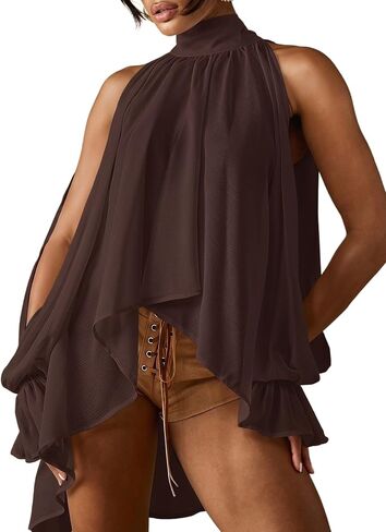 Verdusa Women's Chiffon Blouse Flowy Asymmetrical Sheer Halter Top Split Bishop Sleeve Gauze Shirt in Kuwait