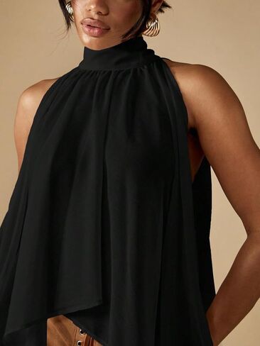 Verdusa Women's Chiffon Blouse Flowy Asymmetrical Sheer Halter Top Split Bishop Sleeve Gauze Shirt in Kuwait