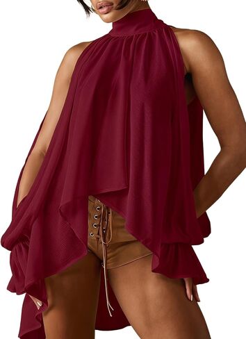 Verdusa Women's Chiffon Blouse Flowy Asymmetrical Sheer Halter Top Split Bishop Sleeve Gauze Shirt in Kuwait