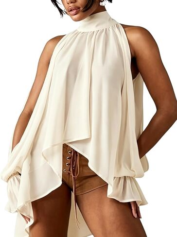 Verdusa Women's Chiffon Blouse Flowy Asymmetrical Sheer Halter Top Split Bishop Sleeve Gauze Shirt in Kuwait