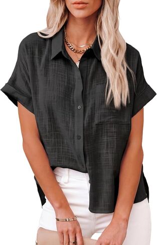 LUSMAY Women's Short Sleeve Button-Down Shirt, Collared Blouse with Chest Pocket, Side Slit, White and Black in Saudi Arabia