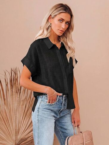 LUSMAY Women's Short Sleeve Button-Down Shirt, Collared Blouse with Chest Pocket, Side Slit, White and Black in Saudi Arabia