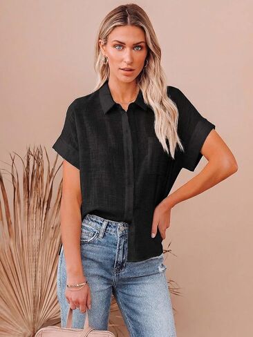 LUSMAY Women's Short Sleeve Button-Down Shirt, Collared Blouse with Chest Pocket, Side Slit, White and Black in Saudi Arabia