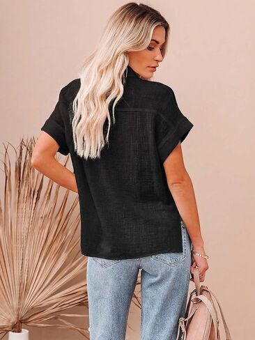 LUSMAY Women's Short Sleeve Button-Down Shirt, Collared Blouse with Chest Pocket, Side Slit, White and Black in Saudi Arabia