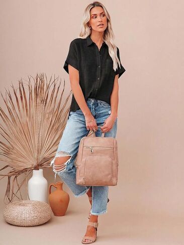 LUSMAY Women's Short Sleeve Button-Down Shirt, Collared Blouse with Chest Pocket, Side Slit, White and Black in Saudi Arabia
