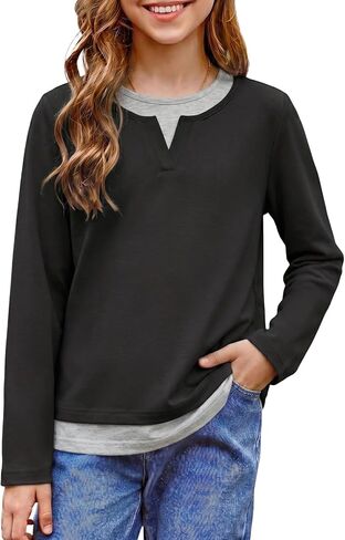 blibean Girls Fall Shirts Colorblock Casual Long Sleeve Tops Size 6-15 Years in Kuwait