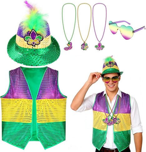 6pcs Carnival Costumes for Men, Happy Fat Tuesday Purple Yellow Green Hat Vest Sunglasses Beads Necklaces for Parade in Saudi Arabia