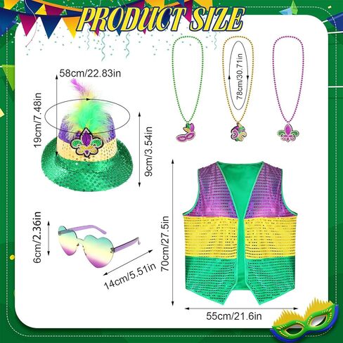 6pcs Carnival Costumes for Men, Happy Fat Tuesday Purple Yellow Green Hat Vest Sunglasses Beads Necklaces for Parade in Saudi Arabia