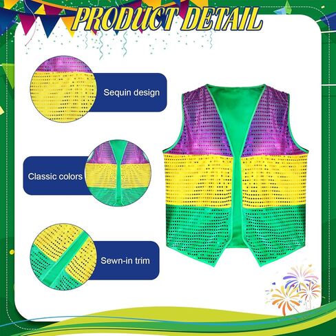 6pcs Carnival Costumes for Men, Happy Fat Tuesday Purple Yellow Green Hat Vest Sunglasses Beads Necklaces for Parade in Saudi Arabia