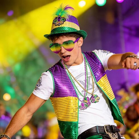 6pcs Carnival Costumes for Men, Happy Fat Tuesday Purple Yellow Green Hat Vest Sunglasses Beads Necklaces for Parade in Saudi Arabia