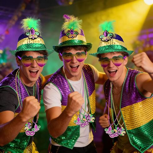6pcs Carnival Costumes for Men, Happy Fat Tuesday Purple Yellow Green Hat Vest Sunglasses Beads Necklaces for Parade in Saudi Arabia